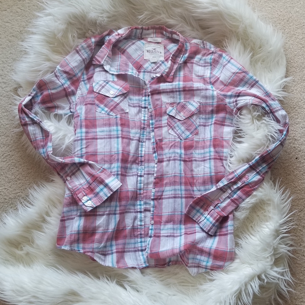 Women's HOLLISTER Sheer Button Up Plaid Sh…